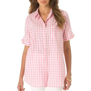 Roamans Pink Gingham Check Button Down Shirt Size 16W Tie Sleeve Preppy‎ Classic